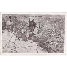 Map of Austria and Serbia , Franz Joseph and attacking soldiers