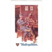 Vojenská pohlednice na zdi za vojáky Franz Josef I. a Wilhelm II.