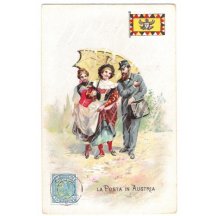 Postcard of woman , tolking with post man + stamp