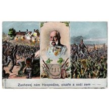 Postcard of Franz Joseph and a war , Czech description