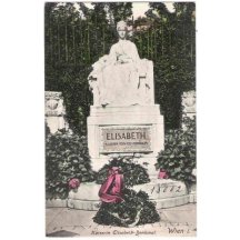 Černobílá pohlednice / kolorovaná - pomník sedící císařovny Elisabety 