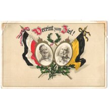 Portréty dvou císařů s vlajkami 