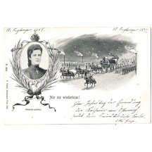 Pohřební průvod císařovny Alžběty s jejím portrétem na pohlednici