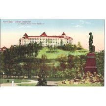 Barevná kresba, Hotel Imperial, socha Franz Josefa, Karlovy Vary