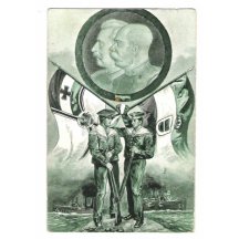 Franz Joseph and Wilhelm with flags , two sailors and ships