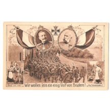 Soldiers march to the front , emperors Franz Joseph and Wilhelm