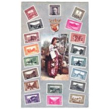 Postcards with printed stamps B-H , woman in a folk costume