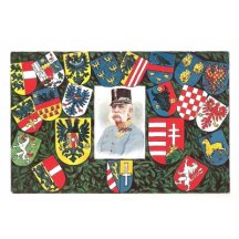 Color portrait of Franz Joseph , signs and emblems of national