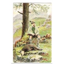 Drawn postcard , Franz Joseph is sitting next to the trophy mouflon