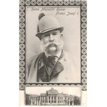 Franz Joseph in hunting suit , in decorative frame , view to castle