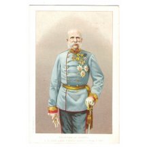 František Josef I. v modré uniformě a se žlutým opaskem