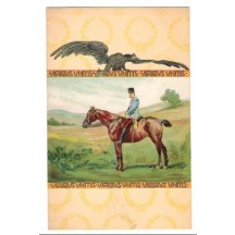 Na pohlednici je Franz Josef na koni a černý orel