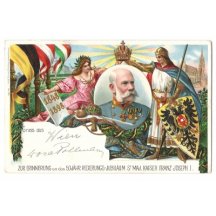 Barevné blahopřání s rakouskou a maďarskou vlajkou na pámátku císaři