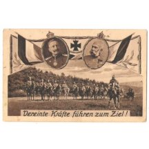 Soldiers ride horses , Franz Joseph and Wilhelm , flags