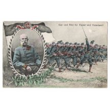 Drawn postcard - soldiers and Franz Joseph