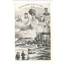 Franz Josef and admirals , ships at stormy sea