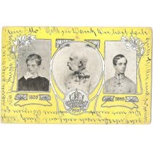 Trojportrét císaře Franz Josefa I. ztvárněný ve žlutém poli