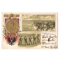 Malovaná pohlednice s medailí císaře Franz Josefa a s vojáky