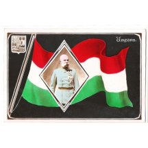 Maďarská vlajka s fotografií stojícího císaře Franz Josefa