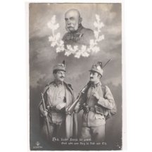 Franz Josef with branches around the portrait and conversing soldiers