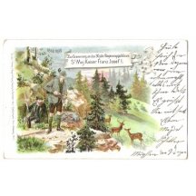 Drawn postcard for 50th birthday , Franz Joseph is aiming at deer