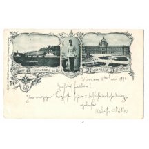 Heldenplatz museum in Hofburg and portrait of standing Franz Joseph