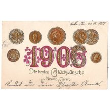 1906 -zlaté mince s císařem Wilhelmem II. - čtyři pohlednice 