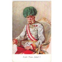 František Josef v bíločervené uniformě, sedící na křesle