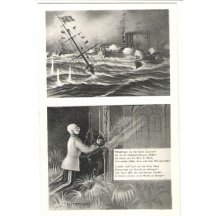 Kneeling Franz Josef is praying for succes of austrian ships + text