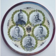 Talíř s portréty Franz Josefa I. , Wilhelma II., maršála Hindenburga 