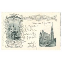 Church and sitting Franz Joseph on postcard