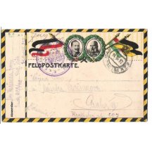 Color field postcard of Franz Joseph and Wilhelm , with flags , 6th variant