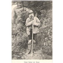 Franz Joseph in hunting suit with shot gun on his back , leaning on the cane