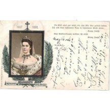 Smuteční barevná pohlednice - portrét Elisabet s doslovem Franz Josefa