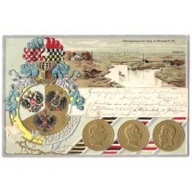 Myslowitz, mince tří císařů a ozdobný erb, s psaným textem