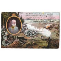 Austrian soldiers during defending in trenches , portrait of Franz Joseph