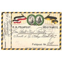 Color field postcard of Franz Joseph and Wilhelm with flags