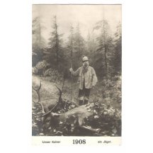 Franz Joseph standing next his trophy deers , in 1908