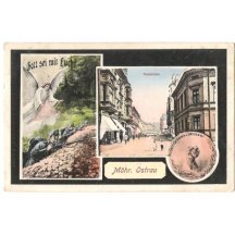 Pohled na Moravskou Ostravu a mince císaře Franz Josefa