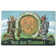 Alliance celebrate - soldiers with garland , Franz Joseph and Wilhelm