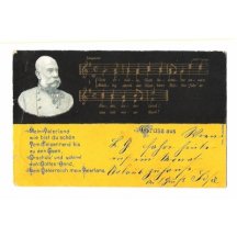 Píseň a František Josef na vlajce, vzkaz na pohlednici