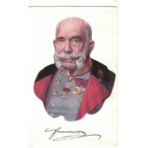 Franz Joseph s modrou blůzou a černočerveným kabátem