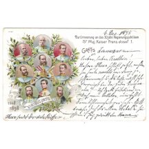 Barevné miniaturní portréty Františka Josefa na pohlednici