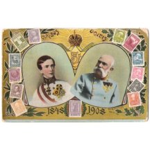 Postcard with Franz Joseph and his stamps