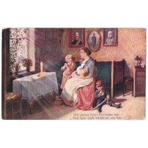 Modlící se rodina - na zdi je obraz F.J.I.