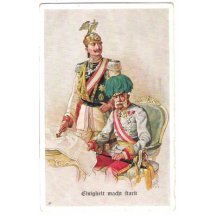 Diskutující Vilém a František Josef nad mapou / barevná pohlednice